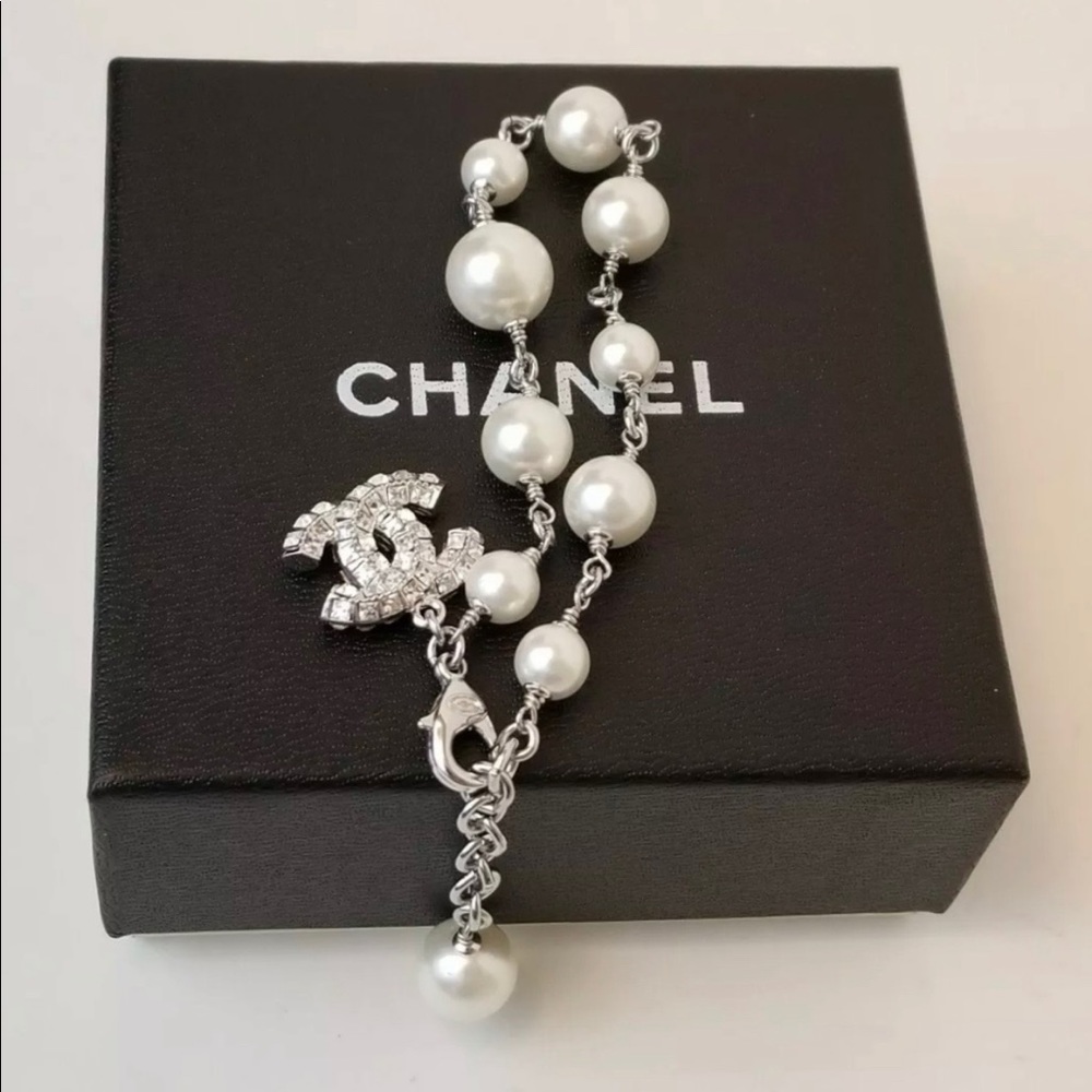 Chanel silver & pearl crystal baguette bracelet